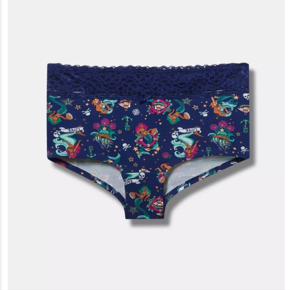 Navy Blue Lace Mermaid Print Cotton Mid-Rise Boyshort Panty - Picture 4 of 4